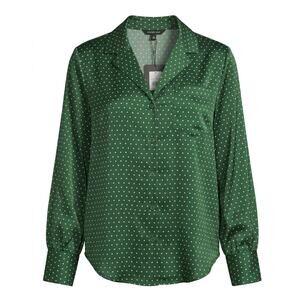 NWT Who What Wear Green Polka-Dot Button-Down Blouse Size M